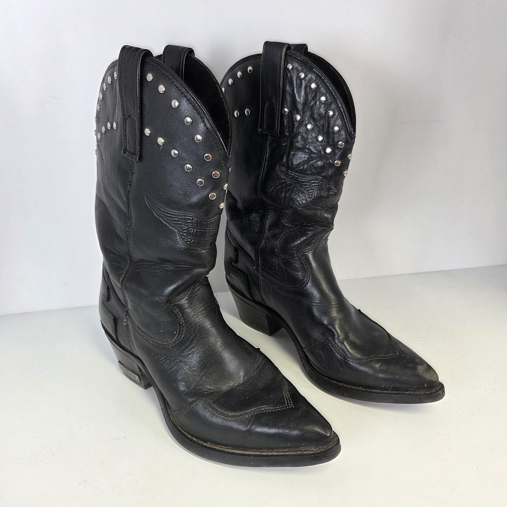 Harley-Davidson Boots Mens 7 Black Leather Studded Western Made USA Cowboy